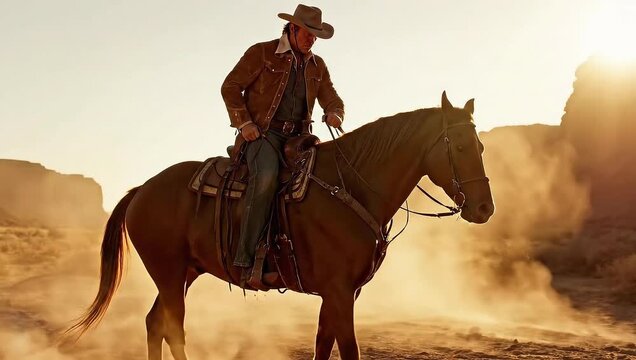 Cowboy riding horse in desert landscape at sunset.