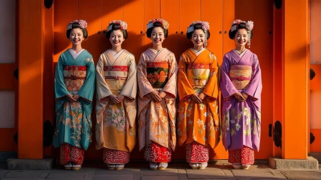 神社の鳥居前で整然と並ぶ、五人の舞妓