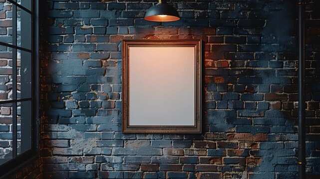 A room features a dark brick wall with a single light above an empty frame. The frame hangs alone, waiting for a picture. Natural light is visible through a nearby window