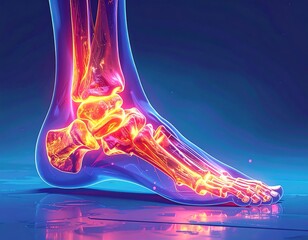Illuminated foot bones and flesh depicted with glowing red, yellow, and blue gradients on reflective surface