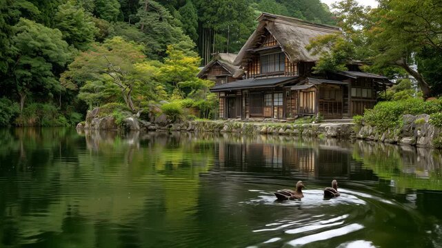 古民家と鴨が映り込む、日本の静かな水辺の風景