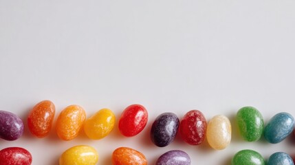 Group of colorful jelly beans arranged in a diagonal line on a white background. the jelly beans are of different sizes and colors, including red, orange, yellow, green, purple, and blue.