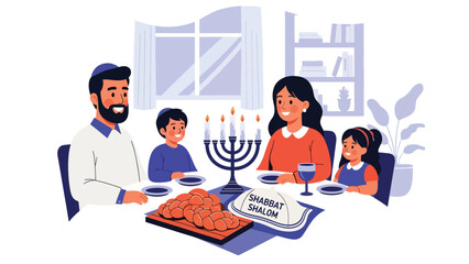 Jewish family celebrating Shabbat dinner together at home, warm and spiritual flat vector illustration, ideal for family, tradition, and religious lifestyle theme