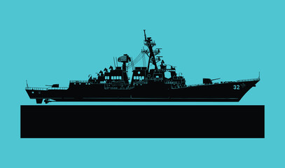 Naval warship silhouette, military destroyer ship, modern navy vessel, ocean defense technology, maritime security fleet, armed forces patrol, sea combat readiness, turquoise background © MSTSHARMIN