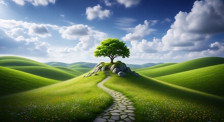 Lush green rolling hills with a stone path leading to a solitary tree on a rocky outcrop under