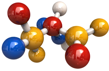 varsity-style cartoon of a single molecule, in colors of red, white, blue, and yellow, with a transparent background.