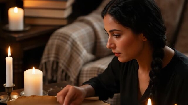 Young woman studying ancient parchment map by candlelight in a dark library. Mysterious fantasy character researching astrology or magic symbols. Historical concept