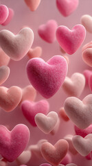 Obraz premium Close-up macro photography of velvety, textured hearts in pink and cream tones floating in the air. A bright pink heart pops in the foreground against a softly blurred pastel background