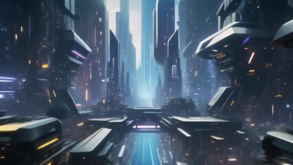 Futuristic urban landscape with towering skyscrapers and advanced infrastructure, illuminated by vibrant glowing pathways, envisioning a high-tech city