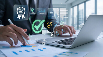 ISO certification and quality compliance concept. businessman reviewing audit documents on laptop, focusing on digital checklist, performance validation, and process improvement for standard assurance