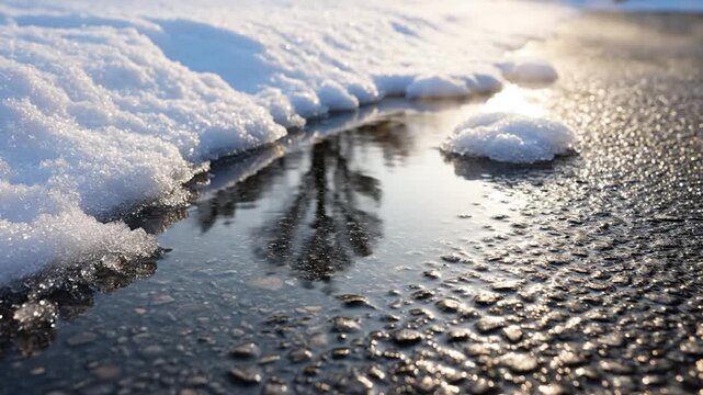 Melting snow on wet road surface