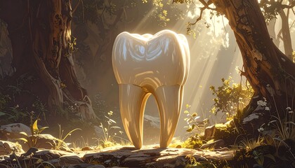 A giant molar rests in a sunlit forest, surrounded by mossy trees and foliage in a fantasy landscape
