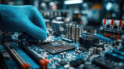 Gloved hand assembling computer processor on circuit board