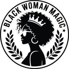 Black Woman Magic Afro Queen Silhouette Side Profile Vector.