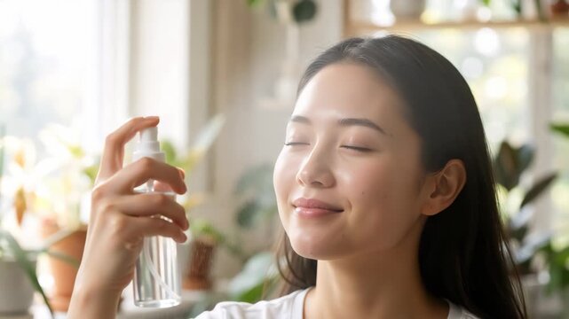 Young Asian woman spraying facial mist on her face for hydration. Beauty and skincare routine with fresh water spray