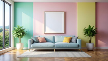 Bright modern living room with pastel color block walls, cozy sofa, plants and natural light, stylish interior design concept for contemporary homes and creative decor inspiration.