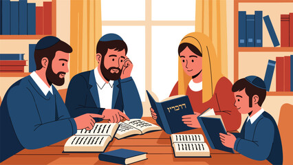 Jewish people studying religious texts together, modern flat vector illustration emphasizing learning and tradition, ideal for education and cultural themes