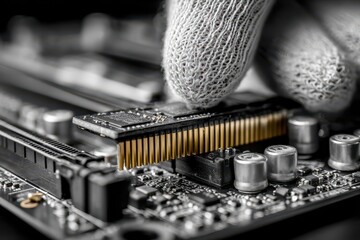 Gloved hand carefully installing a computer component