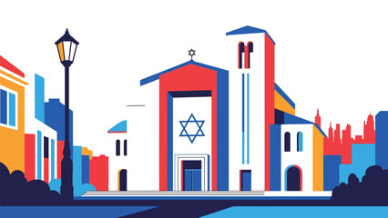 Jewish synagogue exterior with Star of David symbol, modern flat vector illustration, ideal for cultural identity, religion, and architecture visuals