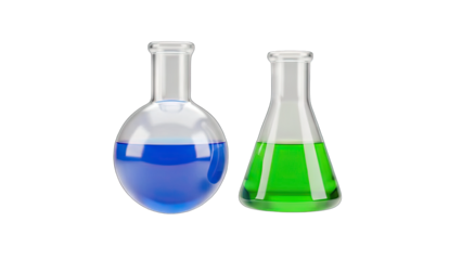 Laboratory Flasks with Colored Liquids on White Background