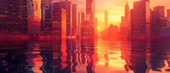 Skyscrapers at sunset, graphic perspective of buildings and reflections on water Abstract architectural background.