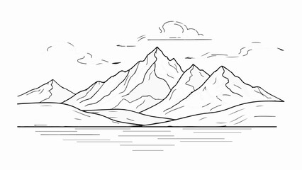 Minimalist Vector Mountain Landscape Line Art Drawing isolated on White Background