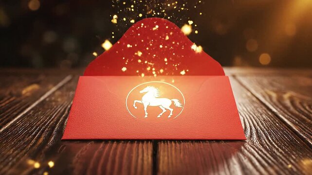 Golden Horse emblem adorns a red envelope on a wooden table, celebrating Chinese New Year 2026 with festive bokeh lights.