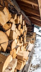 Neatly stacked firewood under a rustic wooden overhang, with snow faintly visible in the background