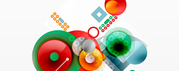 Abstract colorful shapes overlap, creating dynamic visual composition. Circles, squares, lines form modern design elements.
