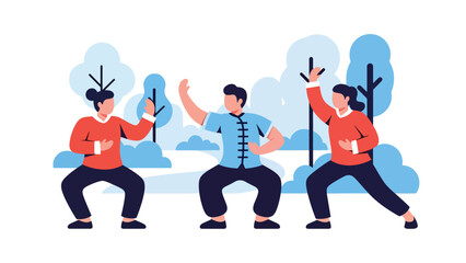 Taoist-inspired Tai Chi practice illustrated in modern flat vector style, flowing movements and balance, ideal for wellness, health, and mindfulness themes