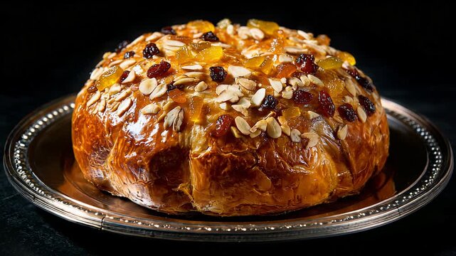 Freshly baked fruit bread with nuts and candied fruit on a silver platter