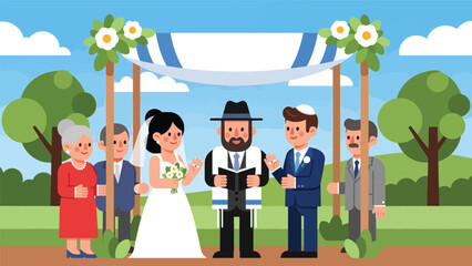 Jewish wedding ceremony under chuppah illustrated in modern flat vector style, sacred and joyful moment, ideal for cultural and religious storytelling