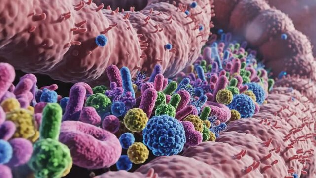 Microscopic view of intestinal microbiota showing different types of bacteria and microorganisms in a spiral structure