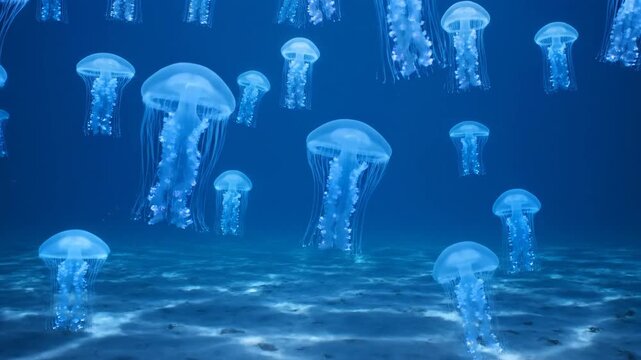 Mesmerizing aquatic tableau with numerous glowing jellyfish shimmering in the deep blue sea, creating a stunning visual for an immersive marine world mockup concept