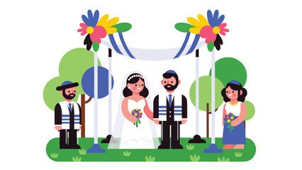 Jewish wedding ceremony under chuppah illustrated in modern flat vector style, sacred and joyful moment, ideal for cultural and religious storytelling