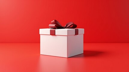Blank White Gift Box Mockup with Maroon Ribbon on Matching Background, 3D Render of White Present Box Tied with Maroon Bow on Solid Background