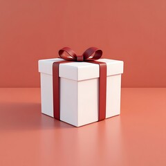 Blank White Gift Box Mockup with Maroon Ribbon on Matching Background, 3D Render of White Present Box Tied with Maroon Bow on Solid Background