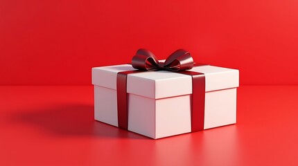 Blank White Gift Box Mockup with Maroon Ribbon on Matching Background, 3D Render of White Present Box Tied with Maroon Bow on Solid Background