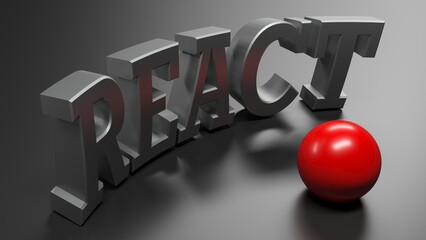 REACT metal write on black glossy surface, with red sphere - 3D rendering illustration