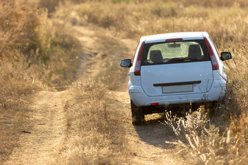 White car parked on dirt road in wild countryside © Sodel Vladyslav