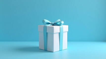 Blank White Gift Box Mockup with sky blue Ribbon on Matching Background, 3D Render of White Present Box Tied with blue Bow on Solid Background