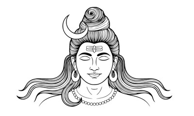 Lord Shiva Portrait Line Art, Hindu God in Meditation, Spiritual Yoga and Zen Design, Black and White Traditional Drawing