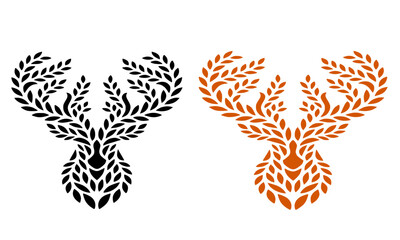 Fototapeta premium Abstract Leaf Deer Head Logo, Black and Orange Nature-Inspired Mandala Stag Design, Elegant Floral Ornament