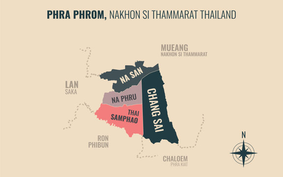 Map showing Phra Phrom District Nakhon Si Thammarat Thailand divided into sub-districts with minimalist colorful patterns