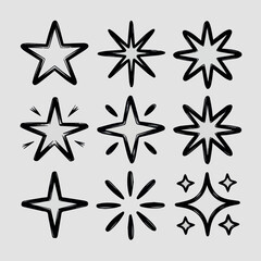 create Hand drawn star spark doodle element icon set. Star shape twinkle glitter spark shine crayon grunge brush line icons. Hand drawn sketch doodle style. Light decoration background vector illustra