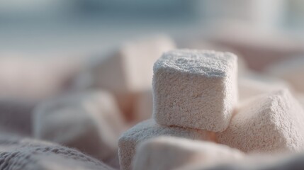 Close-up of a pile of white marshmallows. the marshmallow in the center is square and appears to be made of a soft, fluffy material.