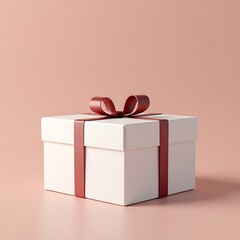 Blank White Gift Box Mockup with Maroon Ribbon on Matching Background, 3D Render of White Present Box Tied with Maroon Bow on Solid Background