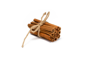Twine Tied Cinnamon Sticks Bundle Isolated White Background