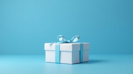 Blank White Gift Box Mockup with sky blue Ribbon on Matching Background, 3D Render of White Present Box Tied with blue Bow on Solid Background