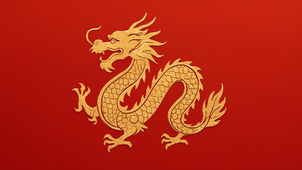 Golden dragon silhouette emboss on red background in horizontal abstract frame